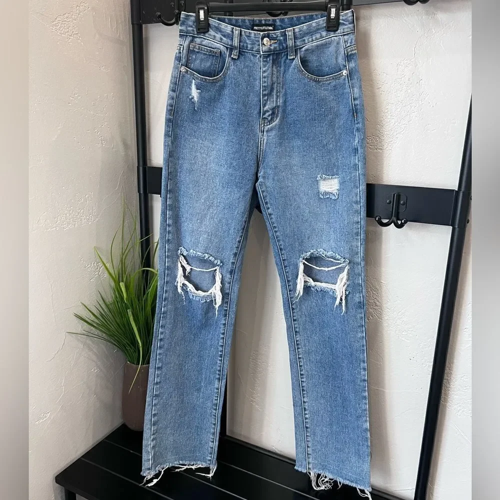 PRETTYLITTLETHING RIPPED LONG LEG STRAIGHT JEANS UK Size 10 US Size 6/28